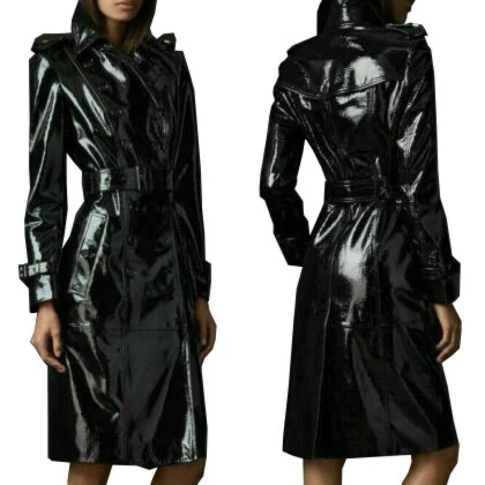 Black Patent Trench Coat - Women’s Glossy Rain Trench